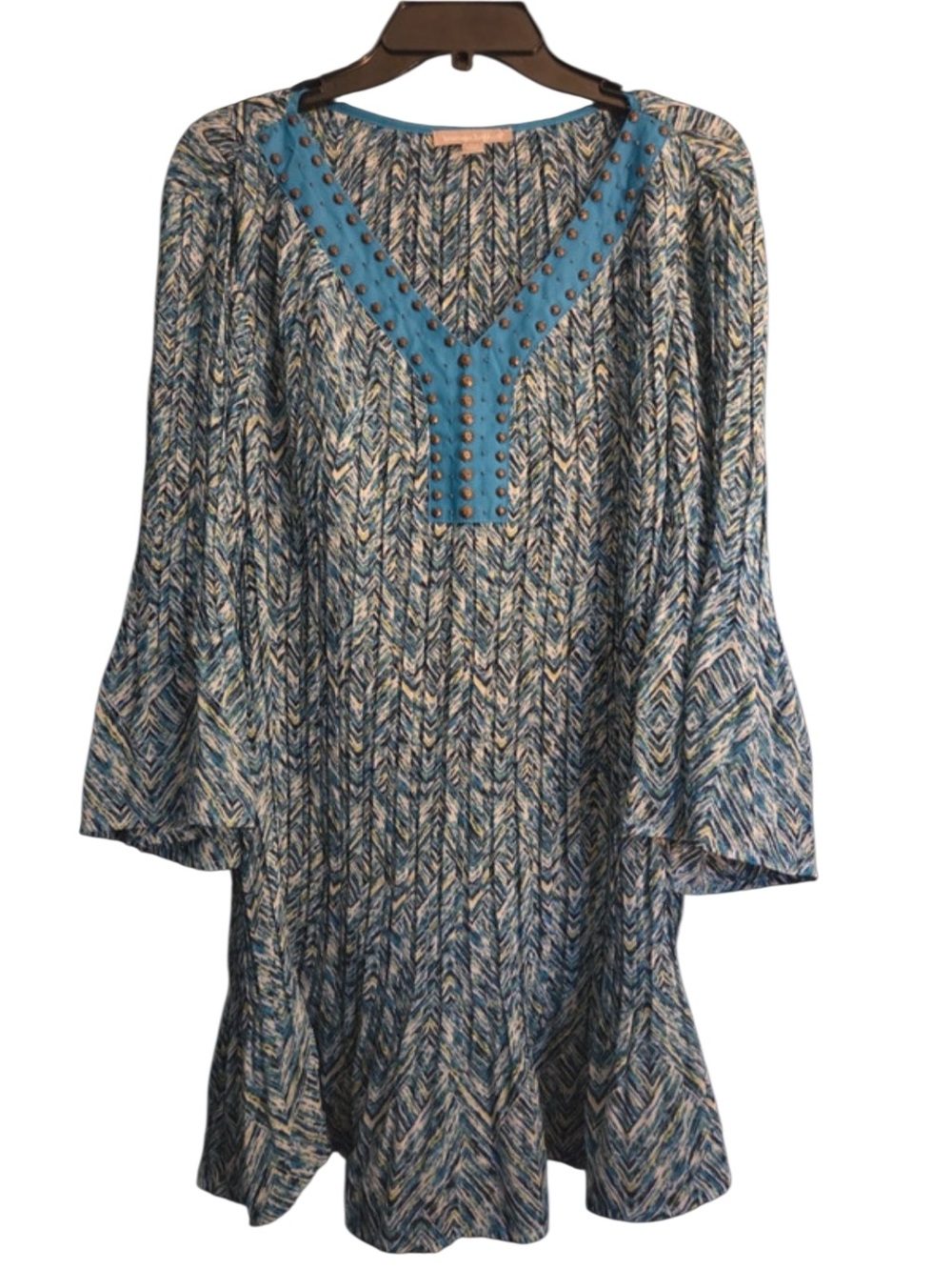 Woman Within Blue Patterned V-Neck Semi Sheer Studded Tunic Top. Size 1X